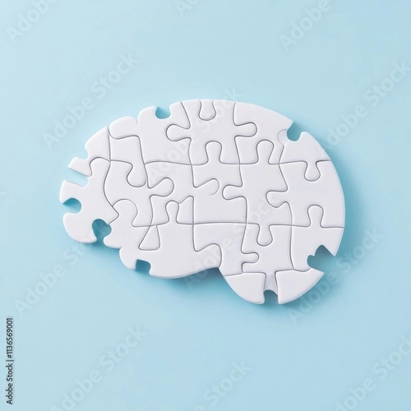 Fototapeta White Puzzle Brain Concept on Blue Background, Symbolizing Problem Solving, Intelligence, and Alzheimer's Awareness