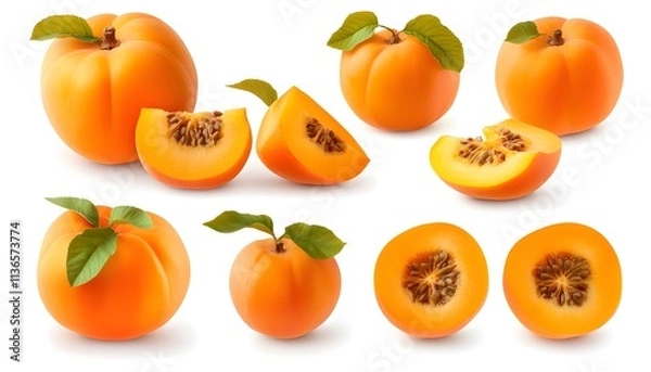 Obraz A set of Persimmon isolated on a white background. It includes whole,halved and slice, all with full depth of field. --ar 7:4