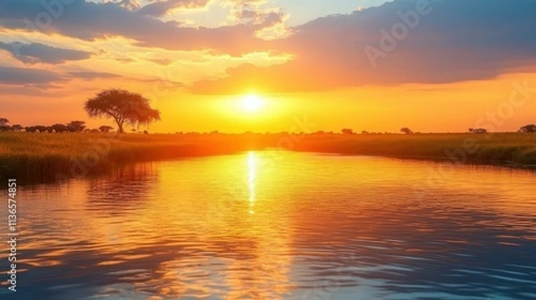 Fototapeta Evening Reflection. Water positive Esg fintech Self-compassion etf nature-based Affirmations mirror Neoen Alma therapy Grow Tunetank Sunset over calm lake with trees reflecting in wat