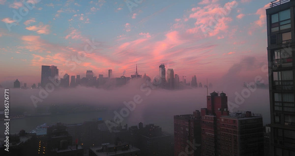 Fototapeta A wide shot of the skyline in New York City, featuring the Empire State Building, a pastel sky, minimalist design