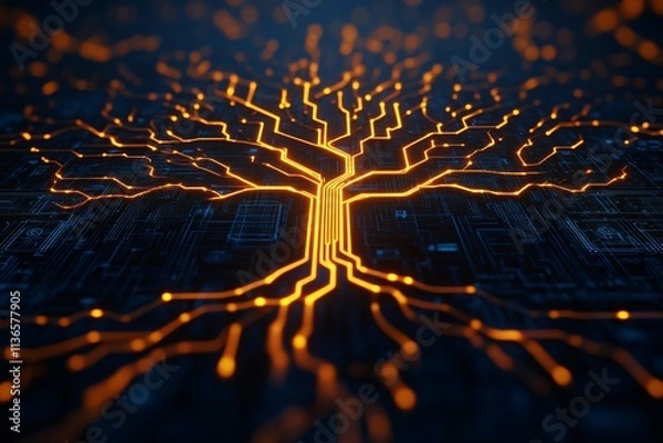 Fototapeta A conceptual visualization of growth through digital transformation and technology, an abstract scene with a glowing digital tree.