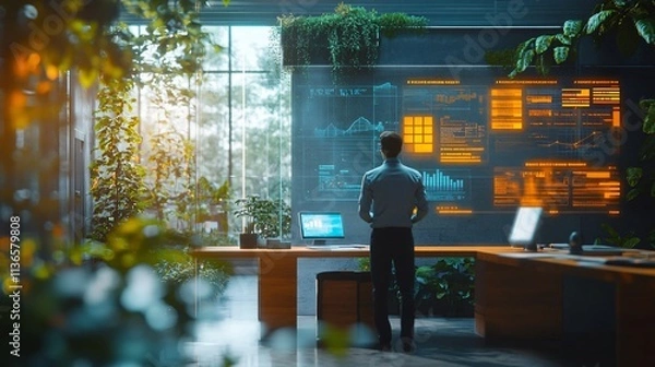 Fototapeta Digital transformation and technology adoption, a vibrant office environment with employees engaging in training sessions via holographic interfaces.