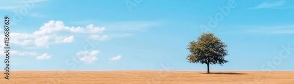 Fototapeta Lone tree in a field under a vast dramatic sky, minimalistic yet powerful.