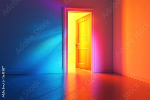 Fototapeta A brightly lit door stands open, casting colorful light into a dimly lit room.