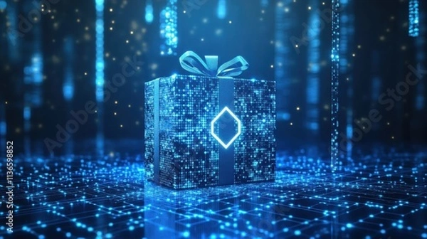 Fototapeta 3D glowing gift box with digital effects in a blue futuristic setting.