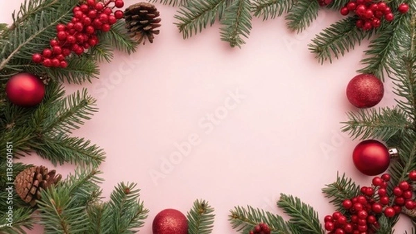 Fototapeta A Festive Christmas Frame of Evergreen Branches, Red Ornaments, and Pine Cones on a Pastel Pink Background