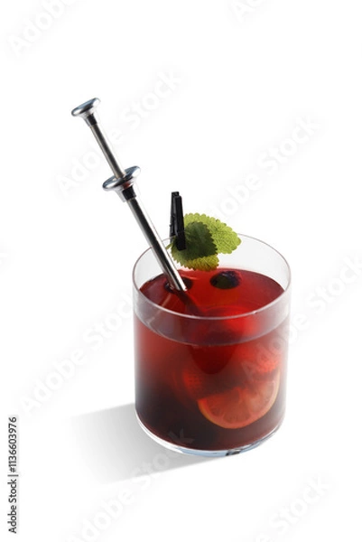 Fototapeta A clear glass with vibrant red liquid and a syringe in it