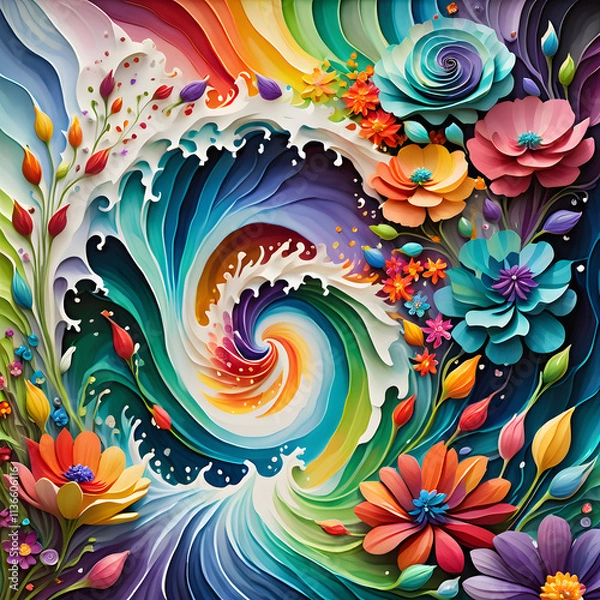 Fototapeta Vivid abstract floral waves with colorful flowers swirling in vibrant patterns, dynamic energy and intricate details
