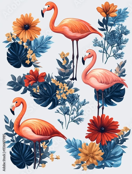 Obraz set of pink flamingo, on a white background, watercolour illustration, cartoon character animal, idea for print t-shirt, poster and kids envelope, postcard. Hand drawn style