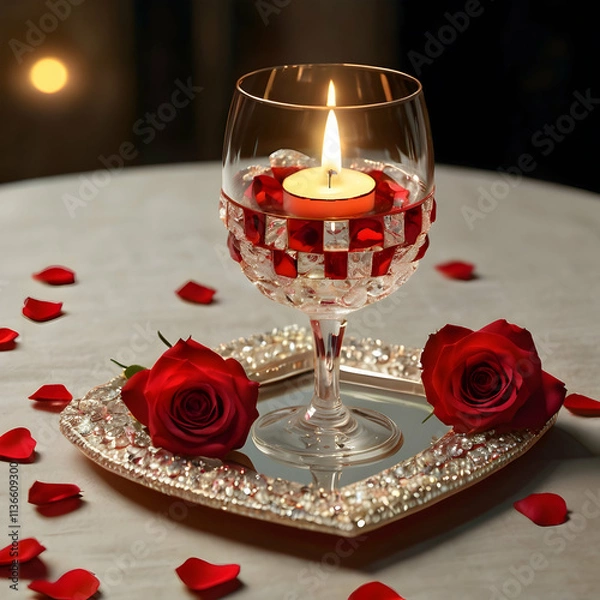 Fototapeta A stunning 3D render showcasing an intimate romantic scene with a crystal wine glass placed on a delicately crafted placemat. The placemat features vibrant stones and individual red roses, each cradli