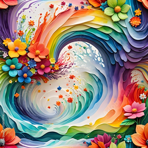 Fototapeta Vivid abstract floral waves with colorful flowers swirling in vibrant patterns, dynamic energy and intricate details