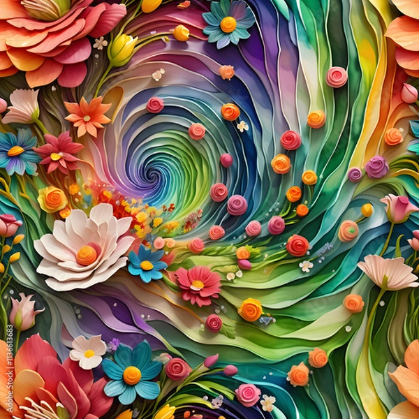 Fototapeta Vivid abstract floral waves with colorful flowers swirling in vibrant patterns, dynamic energy and intricate details
