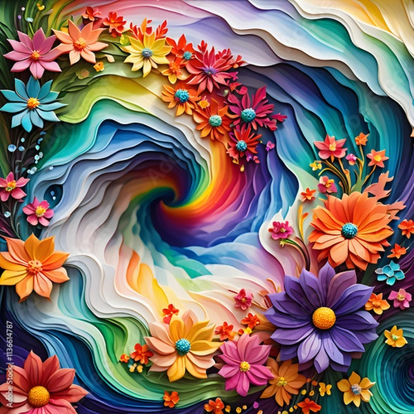 Fototapeta Vivid abstract floral waves with colorful flowers swirling in vibrant patterns, dynamic energy and intricate details