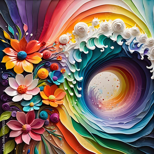 Fototapeta Vivid abstract floral waves with colorful flowers swirling in vibrant patterns, dynamic energy and intricate details