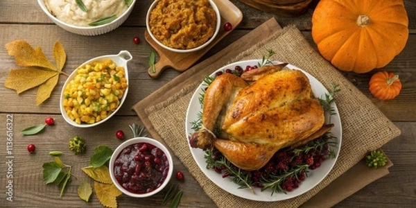 Obraz A golden roasted chicken surrounded by cranberries and rosemary on a rustic wooden table with autumnal decor, showcasing the essence of a celebratory feast.