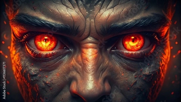 Fototapeta Scary Red Glowing Devil Eyes in the Darkness, Capturing Eerie Atmosphere with Rule of Thirds Composition for a Spine-Chilling Visual Experience