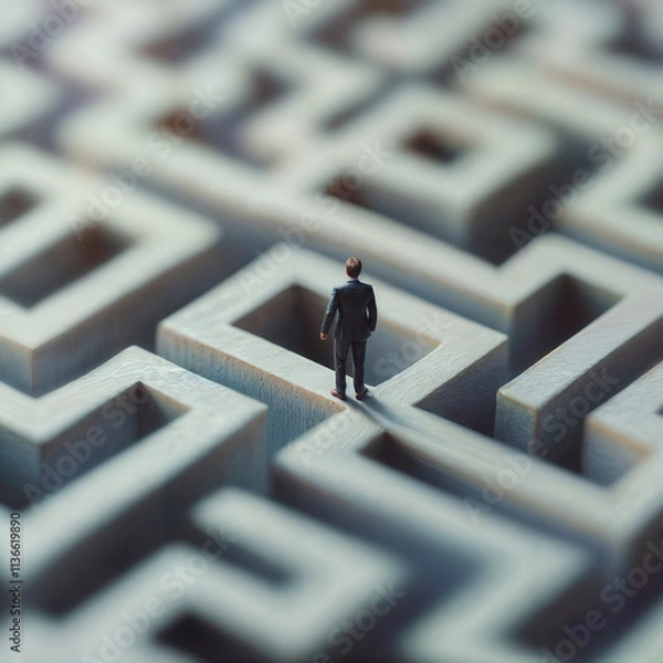 Fototapeta businessman walking inside of stone maze, business concept for solving problems, seeking the solution