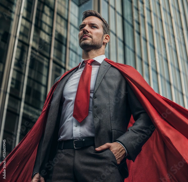 Fototapeta businessman wearing super hero cape on a front of business building