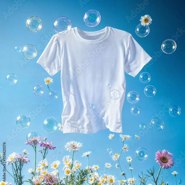 Fototapeta clean t-shirt floating with soap bubbles and flowers, laundry concept