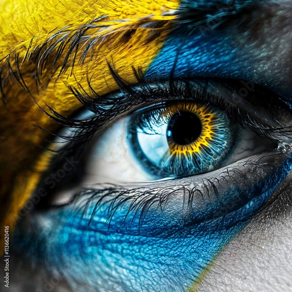 Fototapeta macro shot of eye in colors of Ukrainian flag
