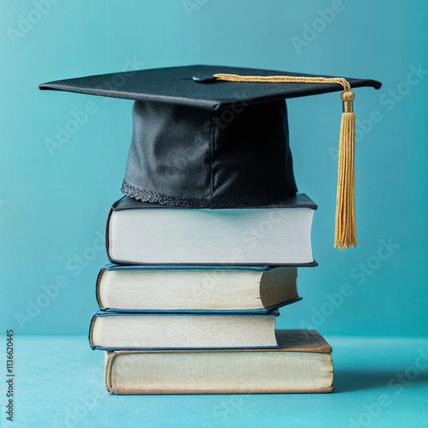 Obraz graduation hat on the books blue background, study concept