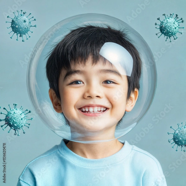Obraz Asian Boy in a Protective Bubble with Virus Particles