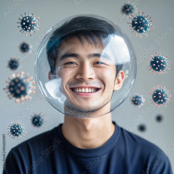Obraz Asian Man in a Protective Bubble with Virus Particles