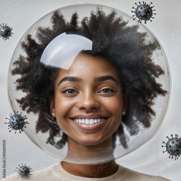 Fototapeta African Man in a Protective Bubble with Virus Particles