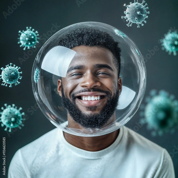 Fototapeta African Man in a Protective Bubble with Virus Particles