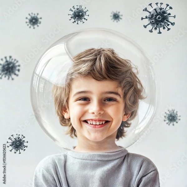 Fototapeta European Boy in a Protective Bubble with Virus Particles