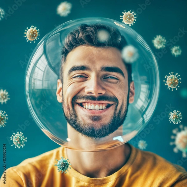 Fototapeta European Man in a Protective Bubble with Virus Particles