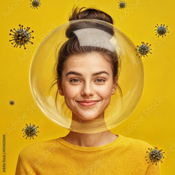 Fototapeta European Woman in a Protective Bubble with Virus Particles