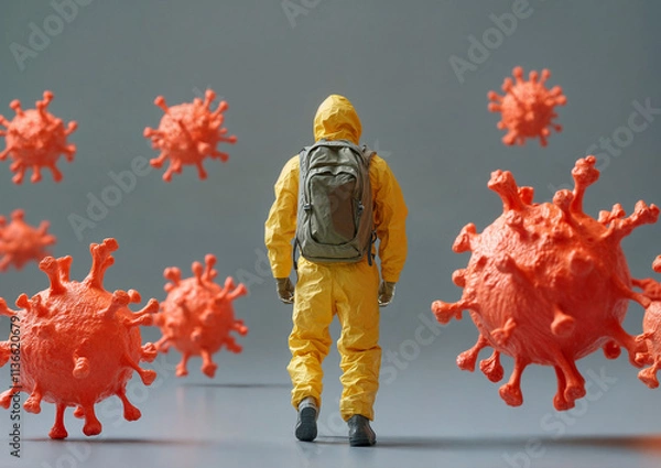 Fototapeta Person in a Hazmat Suit Surrounded by Virus Particles