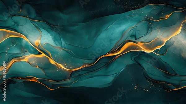 Fototapeta Abstract fluid art with teal and gold hues, creating a dynamic and elegant visual effect.