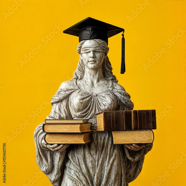 Fototapeta sculpture of The goddess of justice Themis wearing a graduation cap and holding a pile of books, symbolizing knowledge and study in law. The background is a solid yellow color. 
