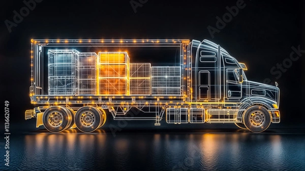 Fototapeta truck with transparent body so you can see whats inside, inside is different freights, transportations or delivery concept
