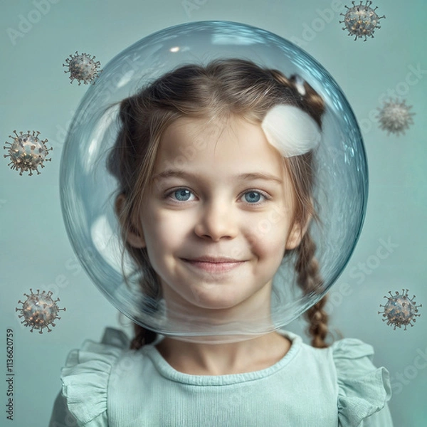 Fototapeta European Girl in a Protective Bubble with Virus Particles