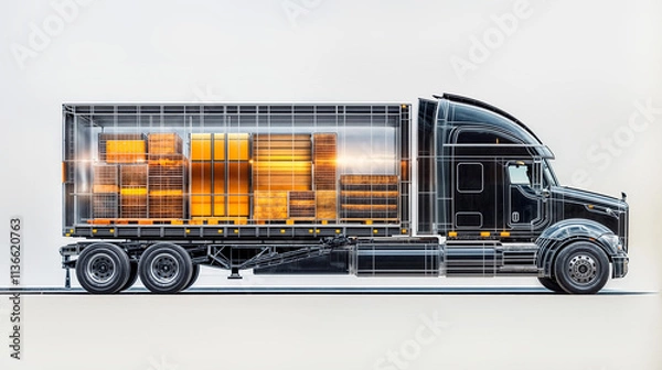 Fototapeta truck with transparent body so you can see whats inside, inside is different freights, transportations or delivery concept