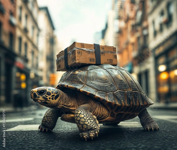 Fototapeta turtle is transporting cargo, city street on background, delivery concept