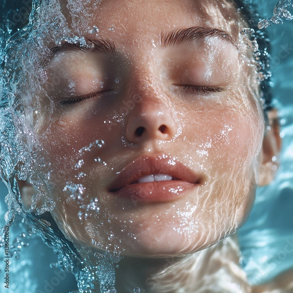 Fototapeta Water gently flowing down the contours of a woman face, symbolizing hydration and moisturising, the concept of cosmetology and healthy skin