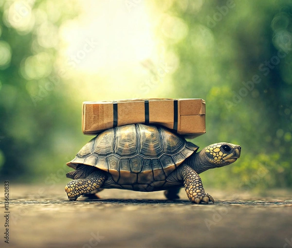 Fototapeta turtle is transporting cargo, nature on background, delivery concept