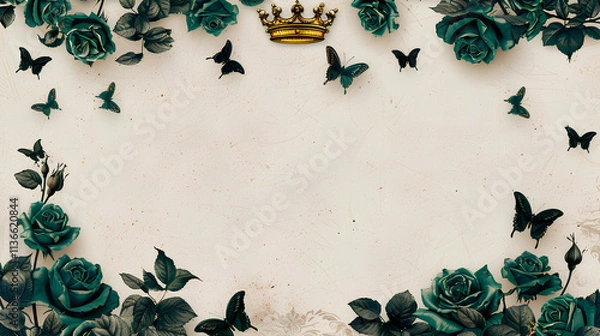 Obraz blank page with green roses and black butterflies. A golden crown at the top in the style of a decorative design.
