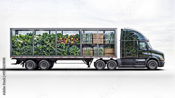 Fototapeta truck with transparent body so you can see whats inside, inside is different freights, transportations or delivery concept