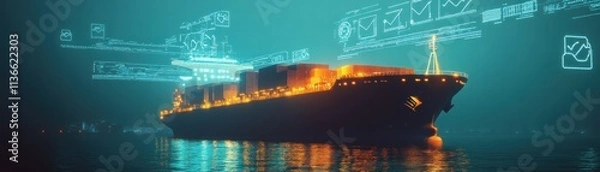 Fototapeta A illuminated cargo ship navigating through digital waters at night.