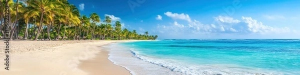 Obraz Panoramic view of a tropical beach with turquoise water, white sand, and palm trees under a bright blue sky