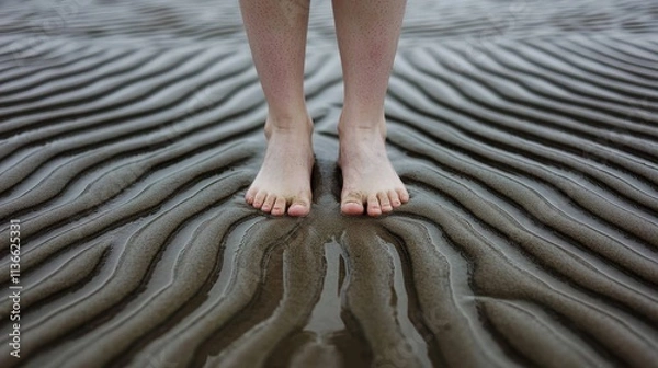 Fototapeta Bare Feet on Wet Sand Beach Photography Coastal Environment Close-Up View Serenity and Connection with Nature