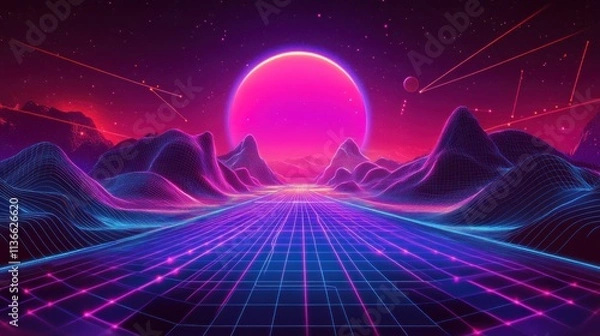 Fototapeta Cyberpunk Glow Design a futuristic background with neon-colored abstract lines and glowing elements in shades of purple, blue, and magenta over a dark gradient.