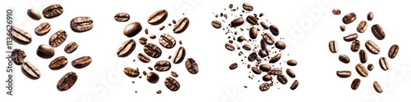 Fototapeta A Set of Coffee Beans in Dynamic Motion with a Burst Effect Isolated on Transparent Background