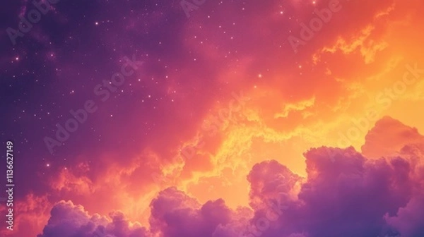 Obraz Dreamy Sunset Vibes Design a warm sunset-inspired background with gradient hues of orange, pink, and purple, featuring subtle silhouettes of clouds and faint glowing stars