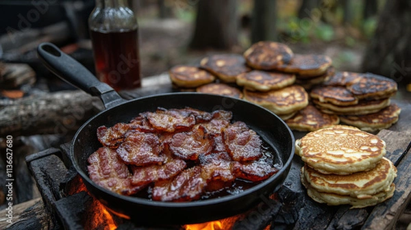 Obraz Cooking Bacon is Genius, A skillet sizzling with crispy bacon beside stacks of golden pancakes, set in a rustic outdoor setting with a bottle of syrup in the background.